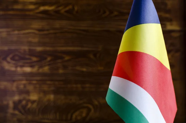 Fragmento Bandera Seychelles Primer Plano Espacio Para Texto Borroso Fondo —  Fotos de Stock