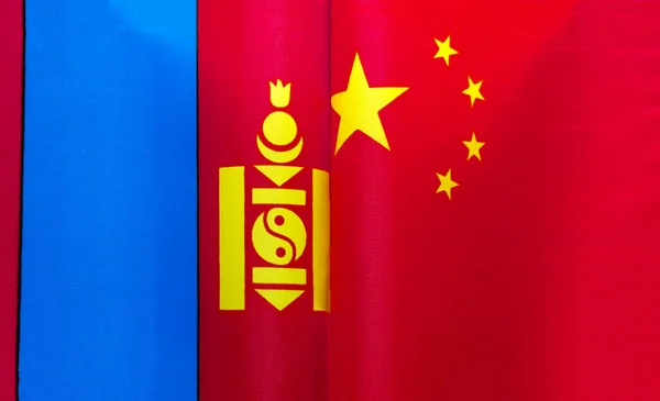 Fragmenten Van Nationale Vlaggen Van Mongolië China Close — Stockfoto