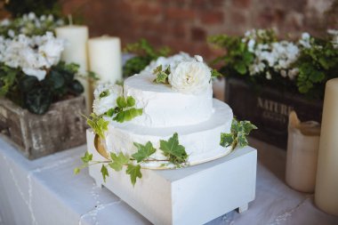 Düğün pastası. Yeşil Beyaz küçük çiçek yaprakları candlesflowers masa dekorasyon düğün kutularında bir masada