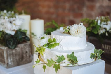 Düğün pastası. Yeşil Beyaz küçük çiçek yaprakları candlesflowers masa dekorasyon düğün kutularında bir masada