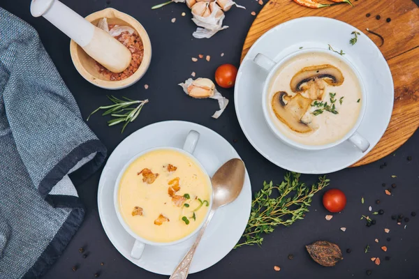 Two Plates Cream Soup Black Background Menu — Stock Photo, Image