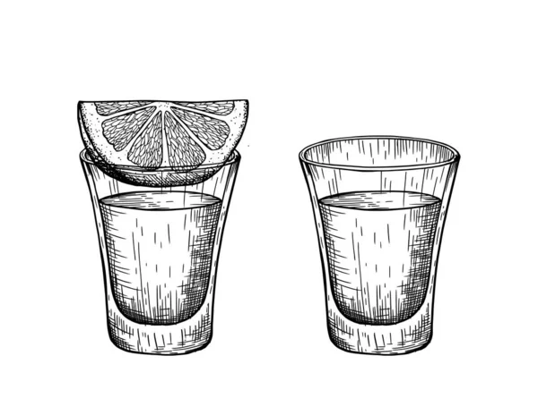 Un verre de tequila et une tranche de citron. Illustration de gravure vectorielle vintage . — Image vectorielle