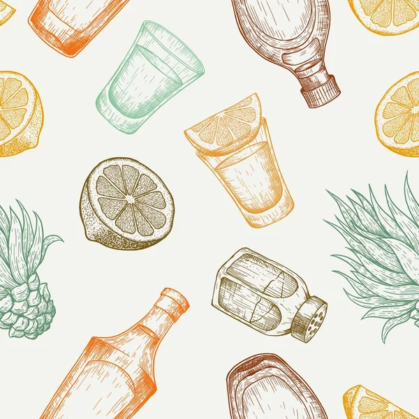 Patrón sin costuras de vidrio y botella de tequila, sal, cactus y lima. Ilustración de grabado vectorial vintage — Vector de stock