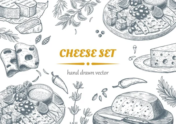 Set von Käse Draufsicht Rahmen. Vektorillustration. Gravierte Illustration. — Stockvektor