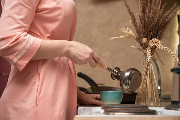 Woman Cooking Fresh Coffee Cezve Close — Stock Photo, Image