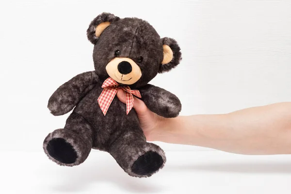 Female Hand Holding Toy Teddy Bear White Background — Stock Photo, Image