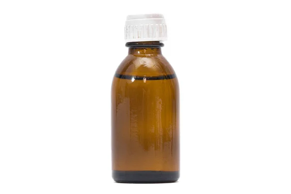 Bruine Fles Met Vloeibaar Geneesmiddel Geïsoleerd Witte Achtergrond — Stockfoto