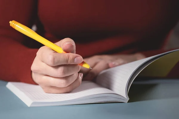 Femme Écrit Par Stylo Bille Dans Son Carnet Fond Gros — Photo