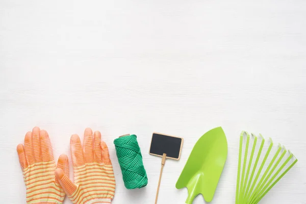 Equipo Jardinería Accesorios Sobre Fondo Mesa Madera Blanca — Foto de Stock