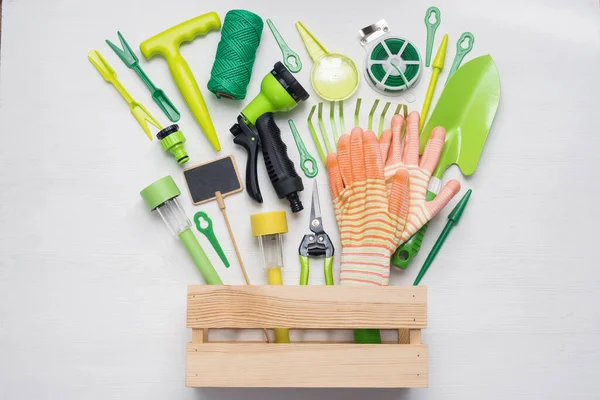 Equipo Jardinería Accesorios Sobre Fondo Mesa Madera Blanca — Foto de Stock