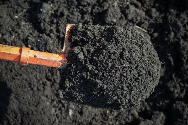 Почва Саду Лопаты Близко Фоне Земли — стоковое фото