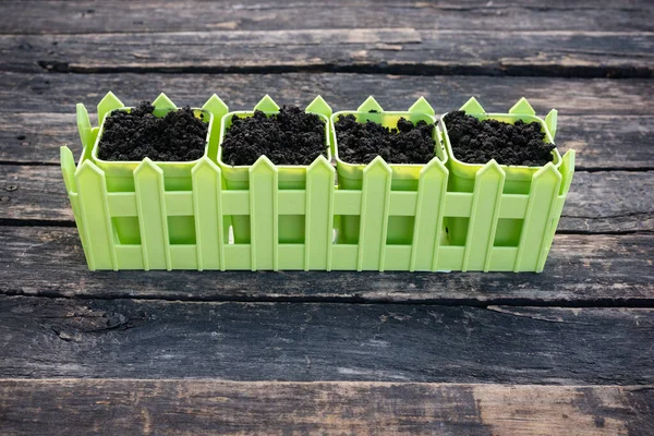 Macetas Verdes Con Suelo Sobre Fondo Mesa Jardín Madera — Foto de Stock