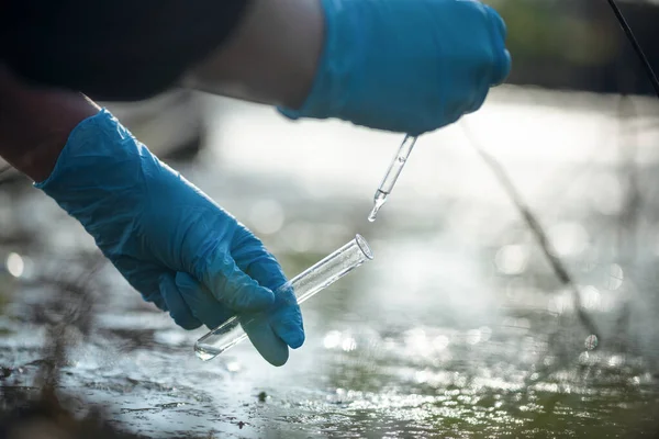 Koncept Znečištění Vody Jezírku Vědec Odebírá Vzorky Špinavé Vody Jezírka — Stock fotografie