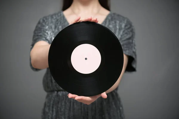 Singer Blank Vinyl Record Hands Close Gray Background — 스톡 사진
