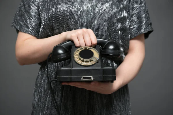 Old Black Rotary Phone Woman Hands Close Gray Background Contact — 스톡 사진