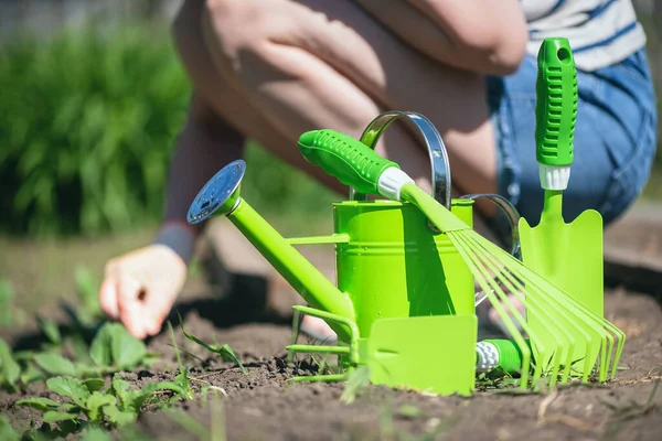 Tukang Kebun Bekerja Dengan Alat Alat Kebun Tempat Tidur Taman — Stok Foto