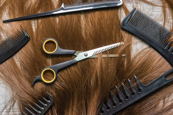 Female Long Hair Scissors Hair Brushes Barber Table Background — Stock Photo, Image