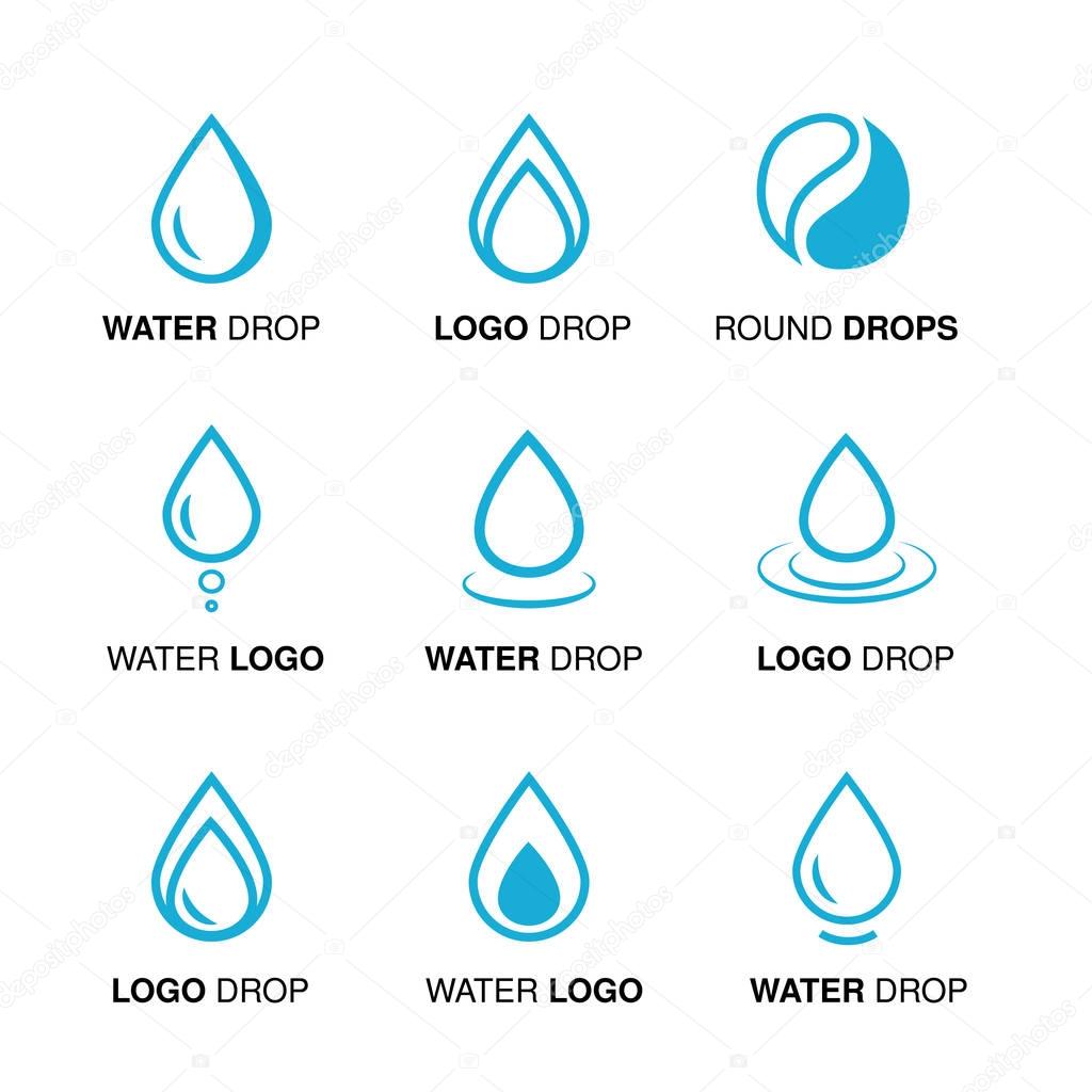 Vector set of blue water logo design with line emblems of drop and drop round symbol