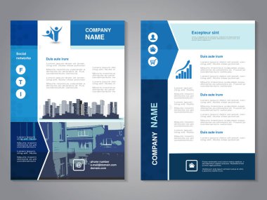 Vektör modern broşür, binaların arka plan ile soyut el ilanı. Şehir sahne. Düzen şablonu. A4 boyutu için boyut oranını. Mavi, gri, siyah ve beyaz renk poster. Dergi kapağı. -illüstrasyon