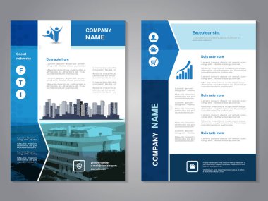 Vektör modern broşür, binaların arka plan ile soyut el ilanı. Şehir sahne. Düzen şablonu. A4 boyutu için boyut oranını. Mavi, gri, siyah ve beyaz renk poster. Dergi kapağı. -illüstrasyon