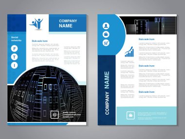 Vektör modern broşür, binaların arka plan ile soyut el ilanı. Şehir sahne. Düzen şablonu. A4 boyutu için boyut oranını. Mavi, gri, siyah ve beyaz renk poster. Dergi kapağı. -illüstrasyon