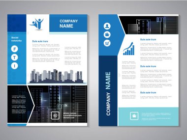 Vektör modern broşür, binaların arka plan ile soyut el ilanı. Şehir sahne. Düzen şablonu. A4 boyutu için boyut oranını. Mavi, gri, siyah ve beyaz renk poster. Dergi kapağı. -illüstrasyon