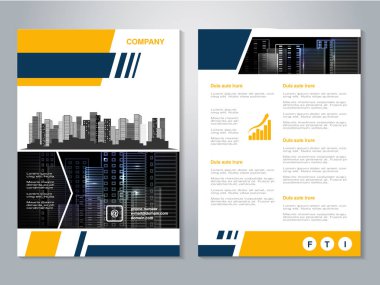 Vektör modern broşür, binaların arka plan ile soyut el ilanı. Şehir sahne. Düzen şablonu. A4 boyutu için boyut oranını. Sarı, koyu mavi, siyah ve beyaz renk poster. Dergi kapağı. -illüstrasyon