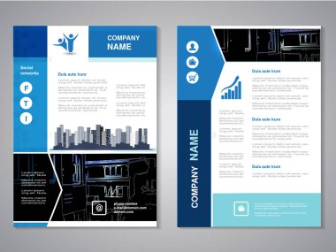 Vektör modern broşür, binaların arka plan ile soyut el ilanı. Şehir sahne. Düzen şablonu. A4 boyutu için boyut oranını. Mavi, gri, siyah ve beyaz renk poster. Dergi kapağı. -illüstrasyon