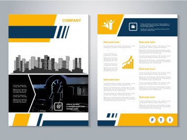 Vektör modern broşür, binaların arka plan ile soyut el ilanı. Şehir sahne. Düzen şablonu. A4 boyutu için boyut oranını. Sarı, koyu mavi, siyah ve beyaz renk poster. Dergi kapağı. -illüstrasyon