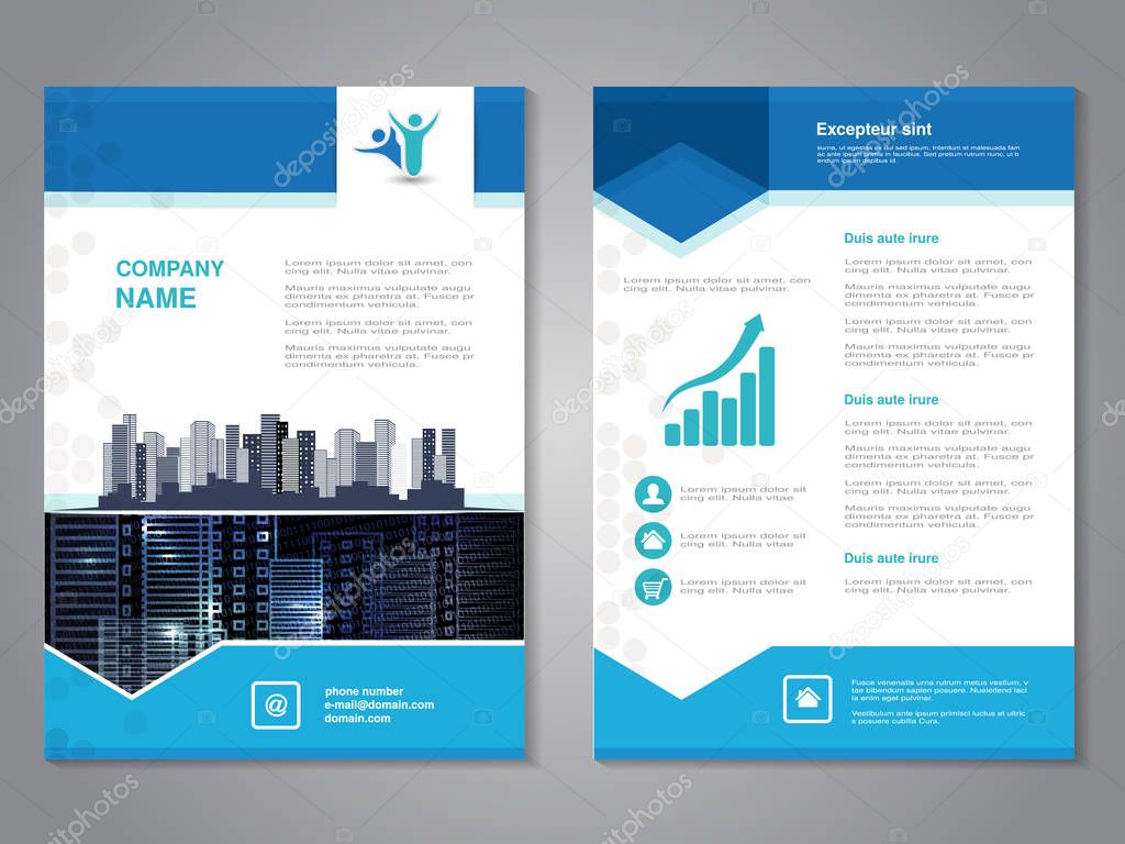 Vector modern brochure, abstract flyer with background of buildings. City scene. Layout template. Aspect Ratio for A4 size. Poster of blue, grey, black and white color. Magazine cover. - illustration