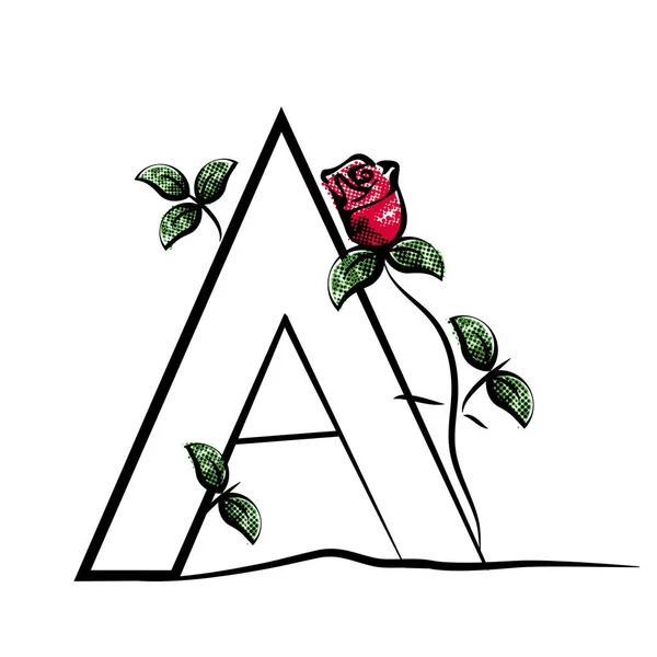 ベクトルに大文字 と赤いバラ 花と緑の装飾的なフォントのモノグラムとロゴの葉します イラスト — ストックベクタ