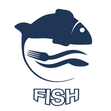 Vektör balık siluet dalgalar, çatal ve knief. Dairesel deniz ürünleri sembolleri üretmek tasarım veya menü Restoran için beyaz arka plan üzerinde izole. -illüstrasyon