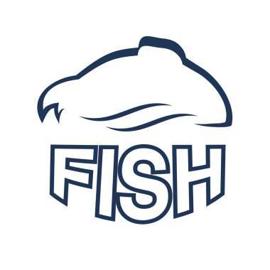 Menü tasarımı için dalgalar ile balık siluet vektör. Menü Restoran için beyaz arka plan üzerinde izole mavi deniz ürünleri sembolleri. -illüstrasyon