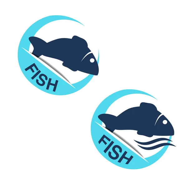 Vektorfischsilhouette Mit Wellenwasser Runde Meeresfrüchte Symbole Auf Weißem Hintergrund Für — Stockvektor