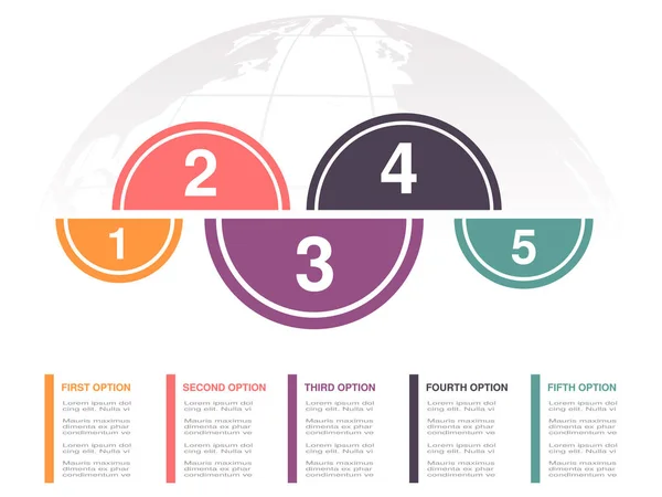 Design Infográfico Vetorial Com Cinco Etapas Negócios Globo Layout Fluxo —  Vetores de Stock