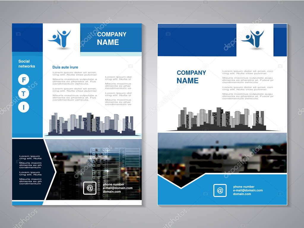 Vector modern brochure, abstract flyer with background of buildings. City scene. Layout template. Aspect Ratio for A4 size. Poster of blue, grey, black and white color. Magazine cover. - illustration