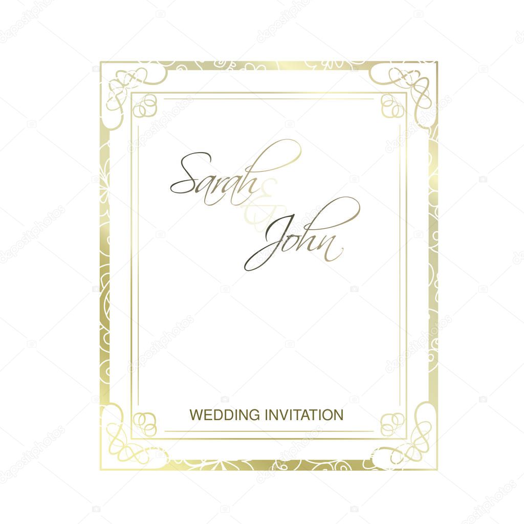 Vector wedding invitation. Vintage frame. Ornate element for design. Ornamental loops. Luxury decor for certificate, diploma, patent. Place for text. Golden rectangle frame. - illustration