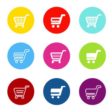 Vektör çizim basit alışveriş sepeti, daire renk düğmeleri ile arabası etiketleri