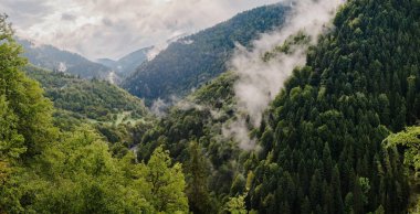 Yaz dağları yeşil orman ve bulutlu mavi gökyüzü. Kafkas dağlarının havadan çekilmiş panoramik fotoğrafı. Seyahat ve tatil kavramı.