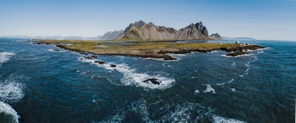 Epic Aerial Drone View Flying Landscape Black Sand Beach Stokksnes — Stock Photo, Image