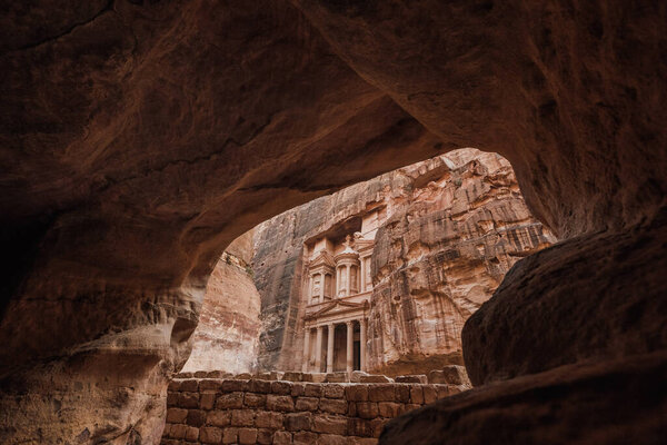 The Treasury of Petra, the Wonder of the World, in Wadi Musa, Jordan. Al Khazneh carved into the rock at Petra. One of new Seven Wonders of the World.