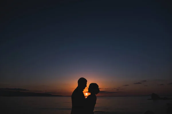 Silhouettes Lovely Couple Man Woman Beutiful Nature Sunset Couple Love — Stock Photo, Image