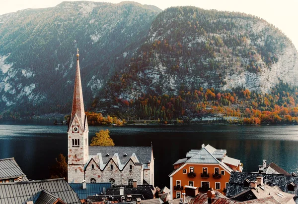 Panoramic view of the famous mountain village Hallstatt, Austria.