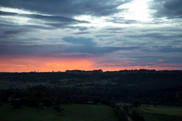 Sonnenuntergang über dem Wald Stockfoto