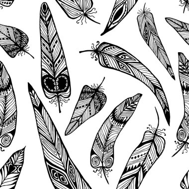 Etnik tüyler seamless modeli tek renkli siyah ve beyaz vektör çizim el Tekstil için sarmalayıcı için çizimi