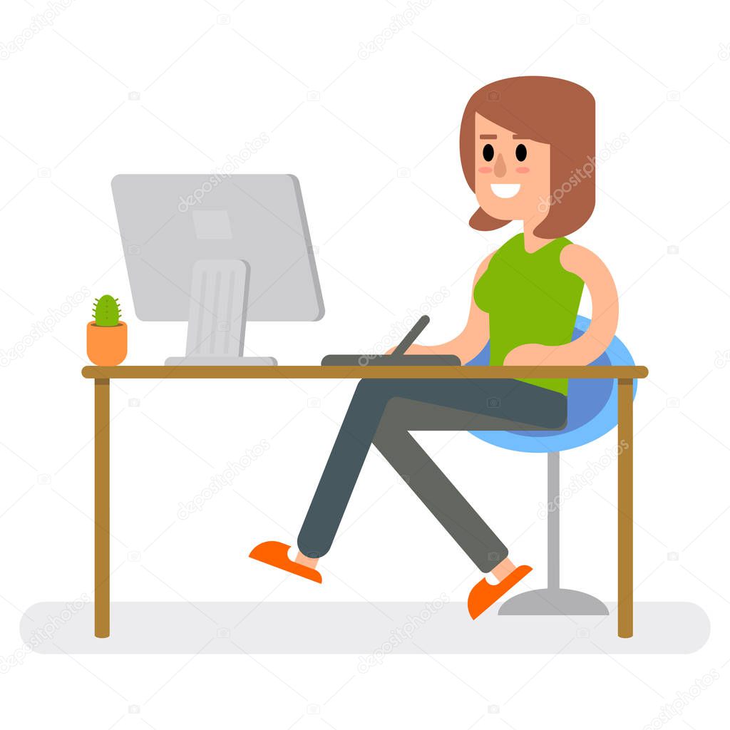 Girl freelancer vector illustration flat design work home at the computer free artist