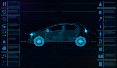 Futuristik kullanıcı arayüzü. HUD tarzında araba servisi. Sanal grafik arayüzü Ui HUD otomatik tarama, analiz ve tanı, soyut vektör bilimi. Araba servisi bilgileri. Onarım.