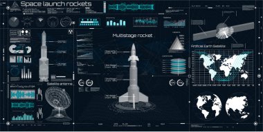  Space launch rockets, 3D spaceship in HUD UI style. Sky-fi interface clipart