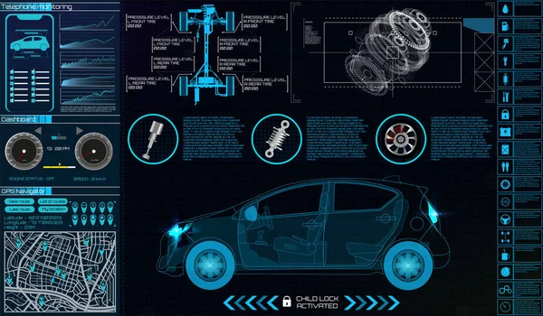 Infographie de voiture. HUD pour l'application. Virtuel — Image vectorielle