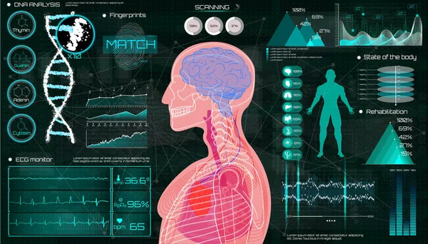 Een moderne medische interface voor het toezicht op menselijke scannen en analyse, Hud stijl — Stockvector